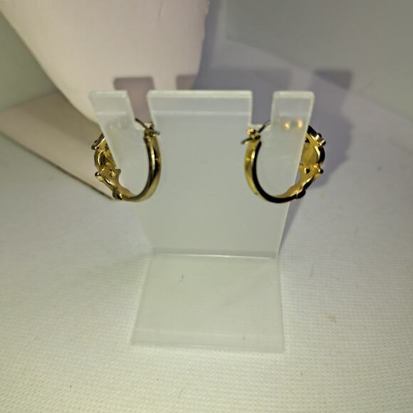 Vtg Floral Design Rhinestone Gold Tone ⅞" Diameter Hoop Earrings Snap Closure - Picture 6 of 16